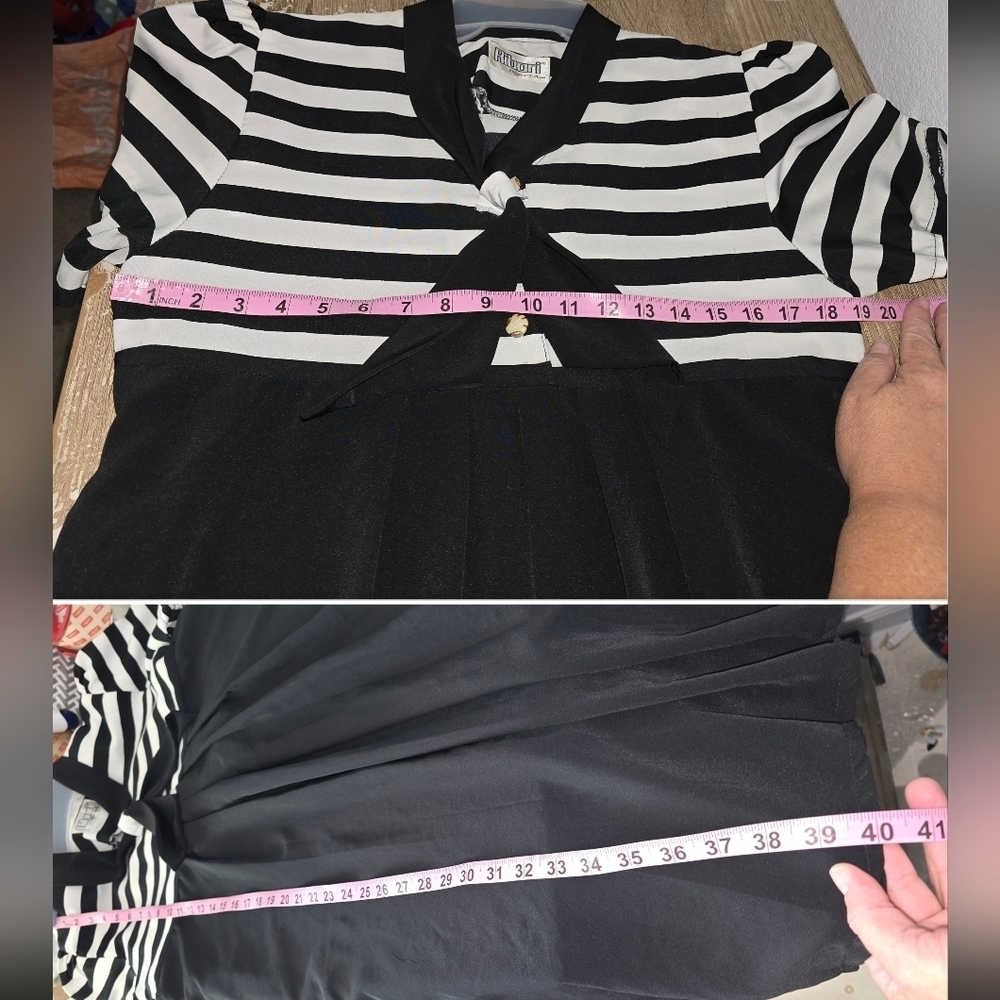 Vintage Ribori Black White Striped Tie Neck Midi Dress Costume Up to Women's L - Picture 4 of 10